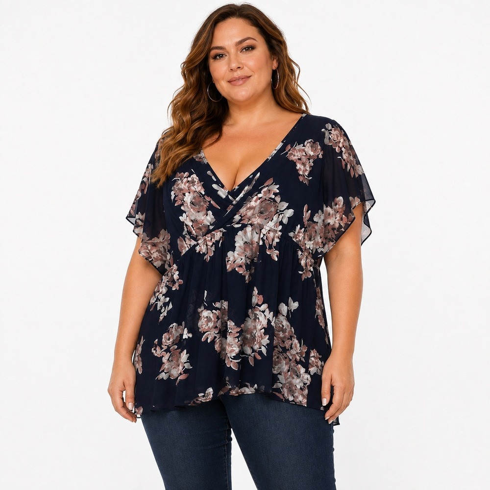 Torrid Surplice Floral Chiffon Kimono Sleeve Blouse Navy Blue Boho Size 1